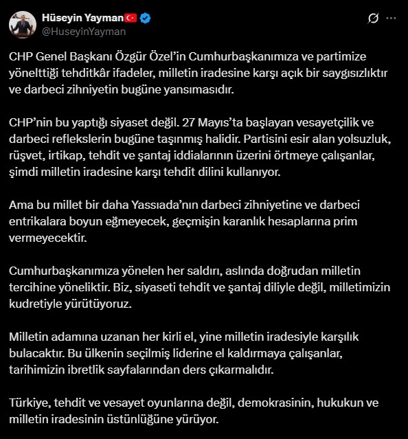 AK Partili Yayman'dan Özgür Özel'in skandal ifadelerine sert tepki: Darbeci zihniyetin bugüne yansıması